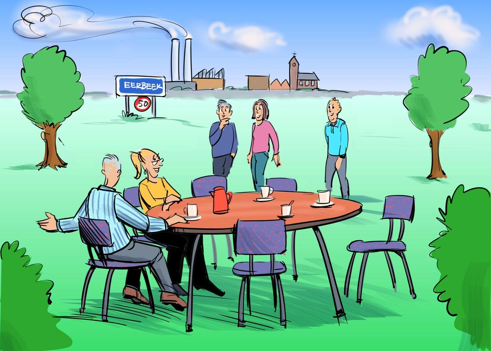 Afbeelding getekende figuren rondom een tafel in het projectgebied